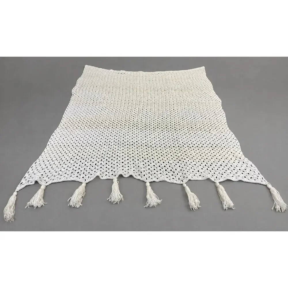White Ivory Striped Fringed Hand Crochet Couch Throw Lap Blanket Afghan 78x55